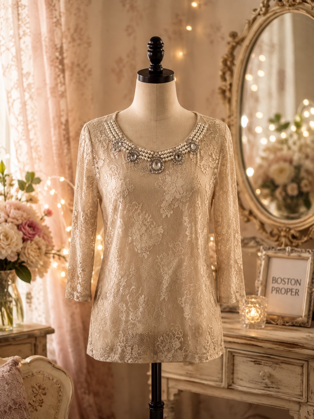 Boston Proper Beige Lace Jewel-Neck Blouse